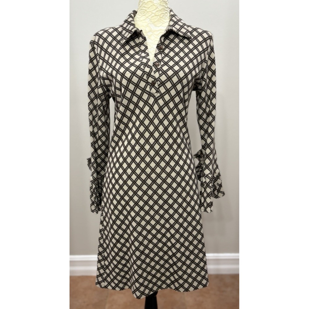VTG Bell by Alicia Women's Small Tan Brown Midi Dress Ruffle Cuff V Neck Retro